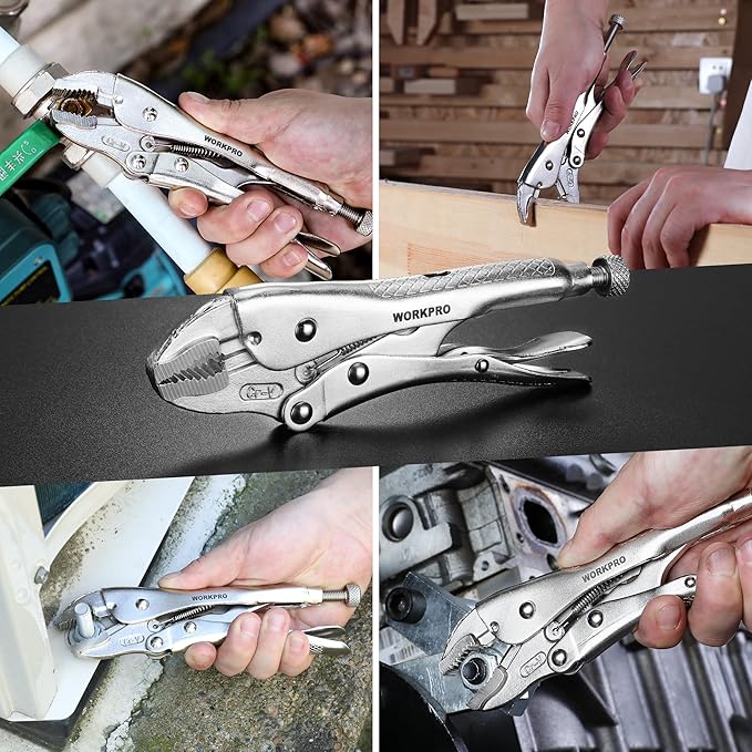 WORKPRO Locking Pliers, 7-inch Curved Jaw Vice Grips pliers, Chromium-Vanadium Steel Locking Pliers with Wire Cutter, Locking Adjustable Vise Grips for Clamping Twisting Welding