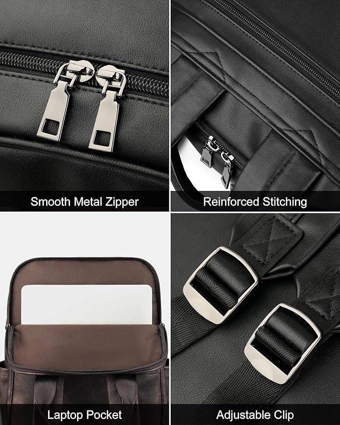 MASINTOR 15.6 inch Leather Laptop Backpack Purse for Women, Designer Travel and Work Bag with Laptop Compartment Black