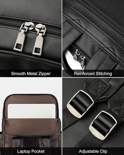 MASINTOR 15.6 inch Leather Laptop Backpack Purse for Women, Designer Travel and Work Bag with Laptop Compartment Black