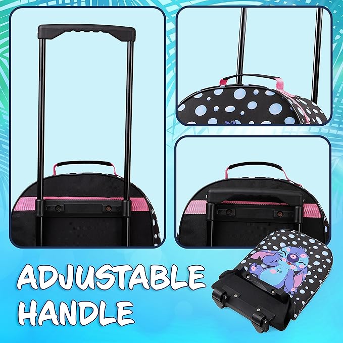 Disney Kids Rolling Luggage 16×11 in, 16‑L Carry‑On Suitcase with Wheels, Foldable Lightweight Travel Bag, Gifts for Kids(Black Stitch)