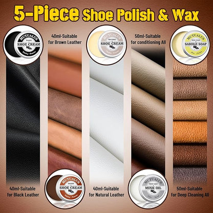 13PCS Horse Hair Shoe Brush Polish Cleaner Kit, 3PCS Shoe Brush With Black & Brown Mink Saddle Oil, Polishing Cloth Microfiber Cloth Storage Pouch
