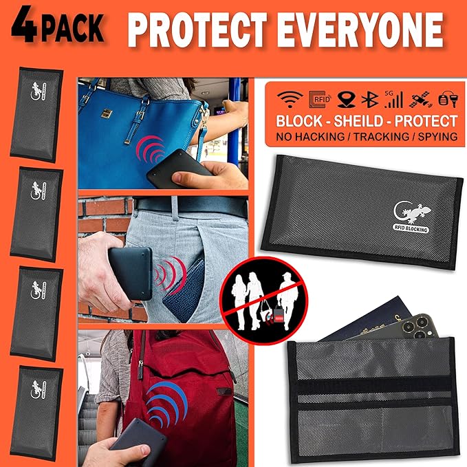 4 Faraday Bag Anti-Tracking GPS RFID Car Key Signal Blocker Wallet Shielding Pouch Protective Case for Cell Phone Car Key FOB, Data Privacy, Electronic Device Security (4 PACK - GRAY)