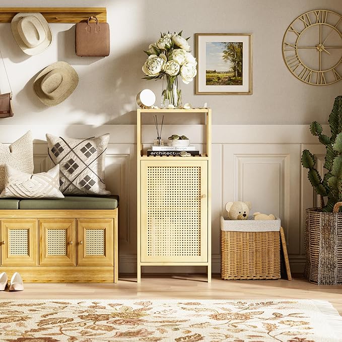 HITNET Rattan Bathroom Storage Cabinet, Small Bamboo Floor Cupboard with Door, Freestanding Narrow Side Organizer for Living Room, Kitchen, Entryway, Natural