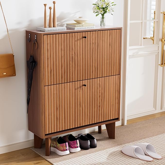 31.5" Shoe Cabinet Storage for Entryway with 2 Flip Drawers, Wood Fluted Narrow Shoe Cabinet for Hallway, Walnut