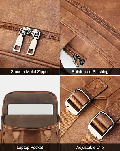 MASINTOR 15.6 inch Leather Laptop Backpack Purse for Women, Designer Travel and Work Bag with Laptop Compartment Mocha Brown
