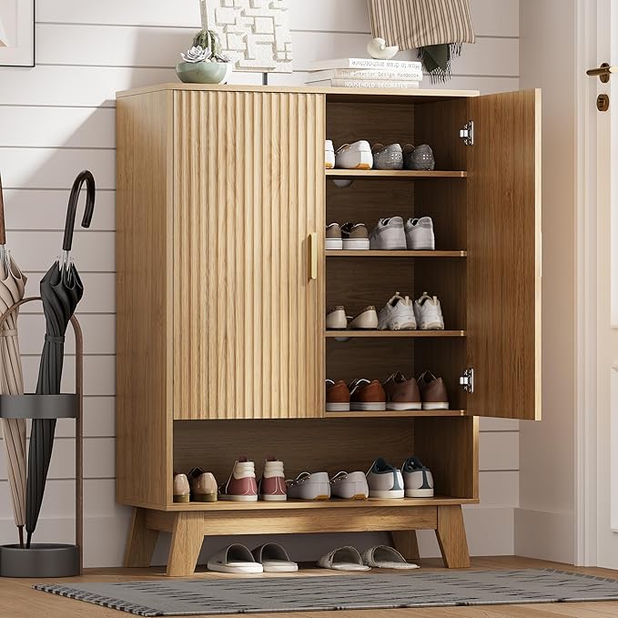 Shoe Cabinet Storage for Entryway with Doors, 5 Tier Fluted Shoe Organizer with Adjustable Shelves, Entryway Shoe Storage with Wooden Legs, Freestanding Hidden Shoe Rack for Front Door Entrance, Oak