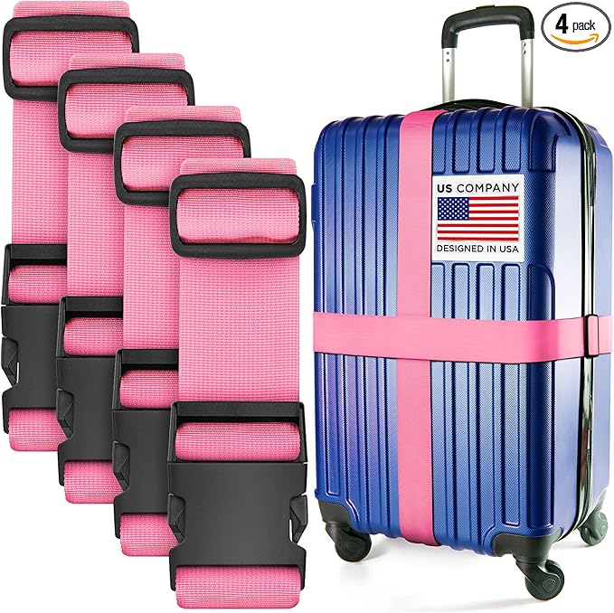 Luggage Straps for Suitcases - TSA Approved - Pink, 4 PK - Premium Nylon Belts for Suitcase, Briefcase & Travel Bag - Adjustable Strap Length 46" - 78"