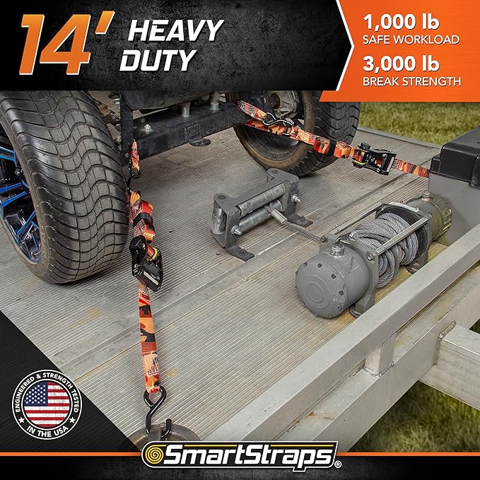 SmartStraps 14’ CamoX Ratchet Straps, 4 Pack – 3,000lbs Break Strength, 1,000lbs Safe Work Load – Premium Duty Tie Downs for Heavier Loads, Orange Camo Webbing