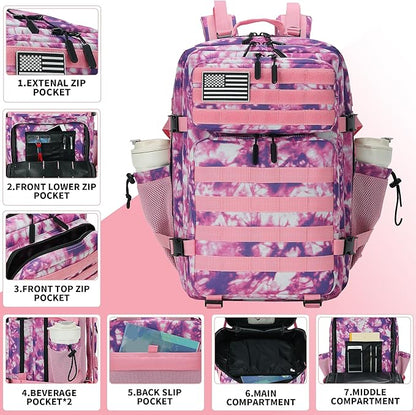 45L Tactical Assault Backpack 3 day assault pack with Molle Waterproof backpack Rucksack for Tactical Backpacks (Rose Tie-Dye)