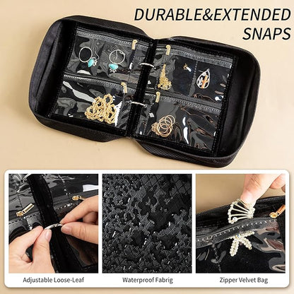 Travel Jewelry Organizer Case with Multiple Clear Zipper Pockets - Ring Binder Style Storage Bag for Necklaces, Earrings, Rings, Bracelets, Ideal for Gifts & Travel(black)