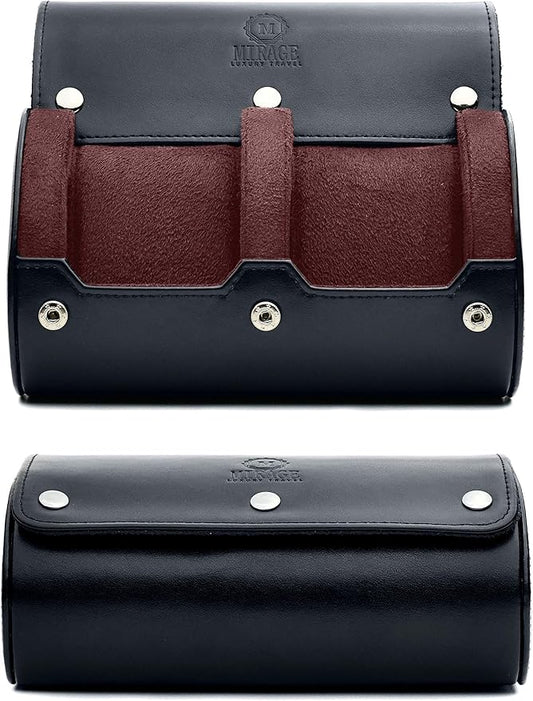 2 Watch Case for Men - Watch Roll Travel Case - Jade Black Motif Vegan Leather