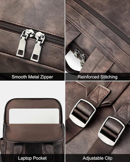 MASINTOR 15.6 inch Leather Laptop Backpack Purse for Women, Designer Travel and Work Bag with Laptop Compartment Retro Coffee