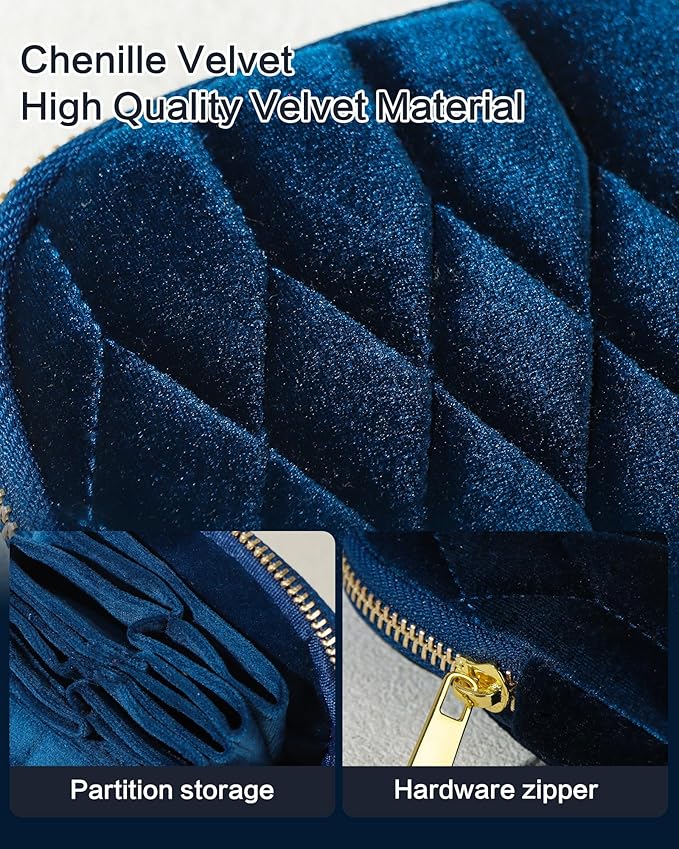 Small Travel Jewelry Case, Mini Travel Jewelry Bag with Zipper, 5-Layer Velvet Organizer Pouch for Bracelet Rings Earrings - Diamond Stitched Velvet Teal Blue