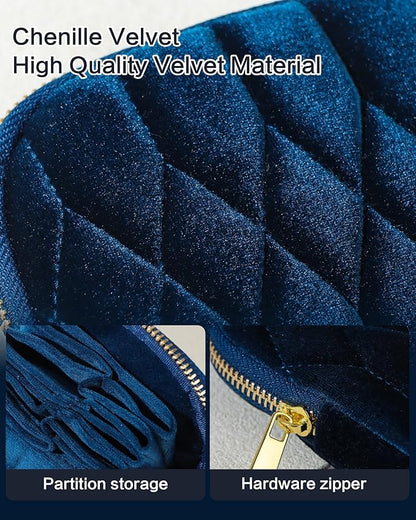 Small Travel Jewelry Case, Mini Travel Jewelry Bag with Zipper, 5-Layer Velvet Organizer Pouch for Bracelet Rings Earrings - Diamond Stitched Velvet Teal Blue