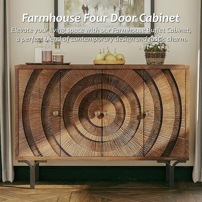 Farmhouse 4-Door Storage Cabinet, Accent Sideboard Buffet Cabinet with Circle Pattern and Radioactive Wood Lines, for Living Room, Dining Room, Bedroom, Brown