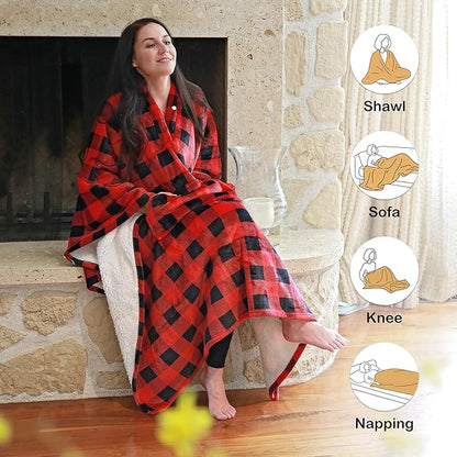 Catalonia Sherpa Wearable Blanket Poncho for Adult Women Men, Wrap Blanket Cape with Pocket, Warm, Soft, Cozy, Snuggly, Comfort Gift, No Sleeves, Plaid Buffalo Christmas