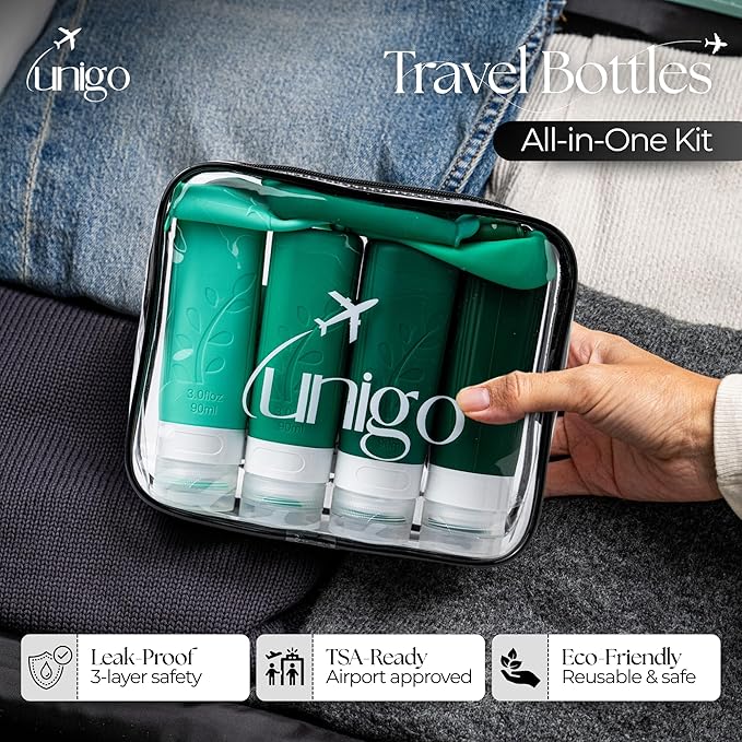 unigo Travel Bottles For Toiletries, TSA Approved Containers, Travel Size Toiletries, Shampoo and Conditioner Bottles, Leak Proof and Refillable Bottles, BPA Free, Extra Bottle Covers (Green)
