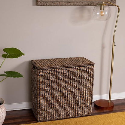 BIRDROCK HOME Oversized Dual Hampers with Lid - Handwoven Natural Seagrass Fiber Compartment Laundry Hamper w/Dual Removable Liners Bag - Split/Two Side Basket for Dirty Laundry, Clothes - Brown Wash