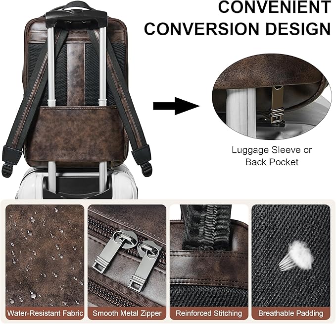 Shrrie Vegan Leather Laptop Backpack for Women&Men,16 Inch Expandable Backpack with USB Charging Port,Two-toned Coffee