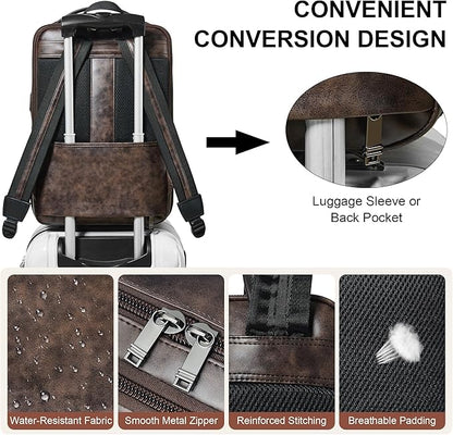 Shrrie Vegan Leather Laptop Backpack for Women&Men,16 Inch Expandable Backpack with USB Charging Port,Two-toned Coffee