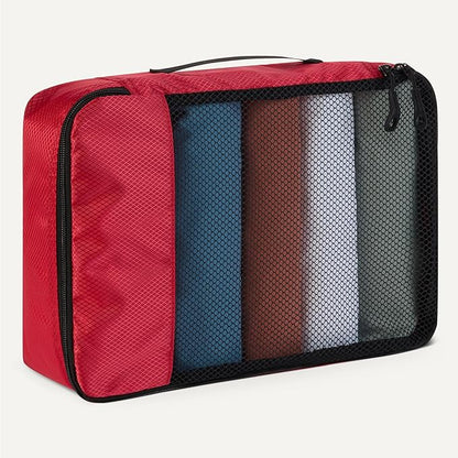 Amazon Essentials 4-Piece Packing Cubes Travel Accessories Set, Luggage Organizer with Double Zipper, Mesh Top, 100% Polyester, Medium, Red (Previously Amazon Basics)