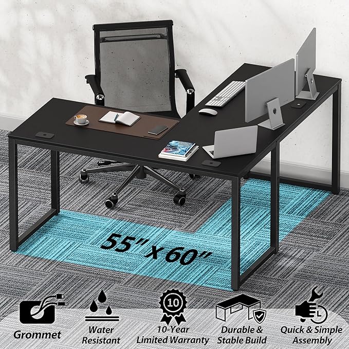 SHW 55 x 60 Inches Commercial-Grade L-Shape Corner Office Computer Desk, Black