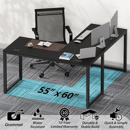 SHW 55 x 60 Inches Commercial-Grade L-Shape Corner Office Computer Desk, Black