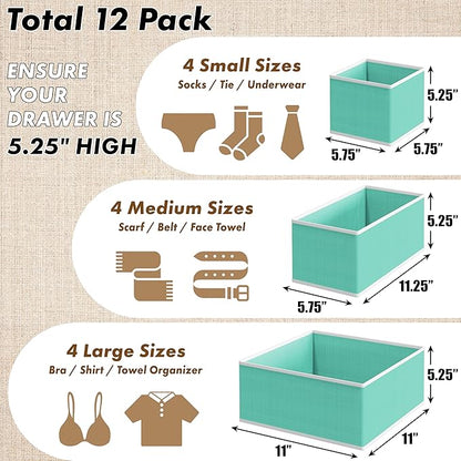 SIMPLE HOUSEWARE Foldable Drawer Organizer for Clothes/Underwear/Panty/Onesie Stocking Bin, Set of 12, Turquoise