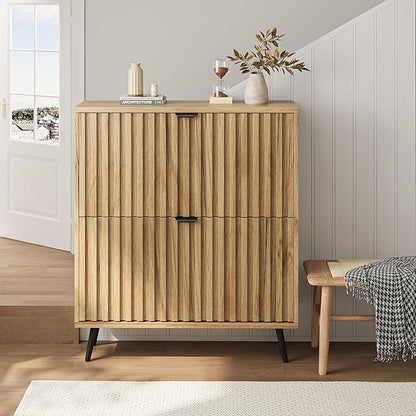 Shoe Storage Cabinet, Fluted Shoe Cabinet Storage for Entryway, Hidden Shoe Cabinet with Metal Legs,Shoe Organizer Cabinet with Flip Doors, Slim Entryway Shoe Storage Cabinet, Natural Wood-31.5in