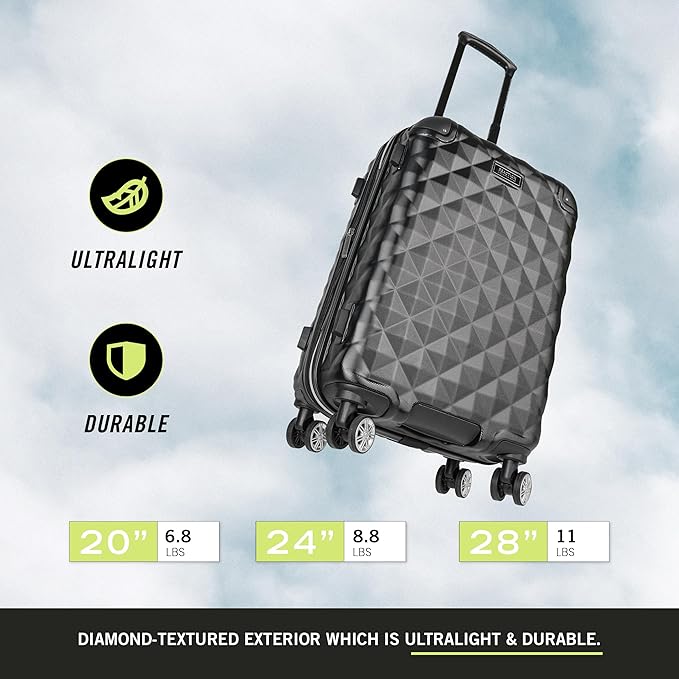 Kenneth Cole REACTION Diamond Tower Collection Lightweight Hardside Expandable 8-Wheel Spinner Travel Luggage, Black, 24-Inch Checked