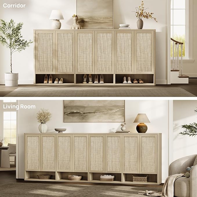 SICOTAS Rattan Shoe Storage Cabinet - Modular Shoe Cabinets with Door Tall Large Shoe Cabinet Storage for Entryway - 96.8" Wide Modular Cabinet for Hallway, Living Room