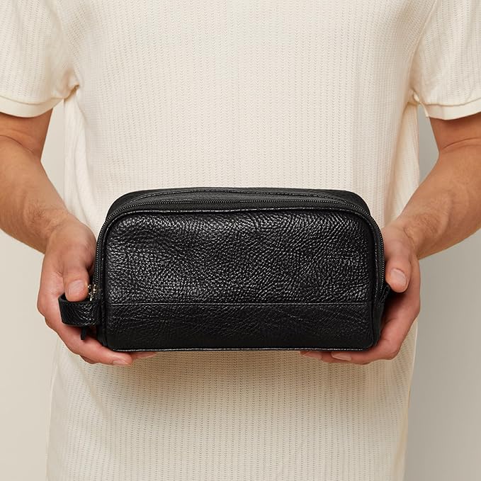 Leatherology Premium Ebony Leather Toiletry Bag – Small Double Zip Dopp Kit – Full Grain Leather Travel Organizer with Water-Resistant Lining – Compact Grooming Bag for Men or Women
