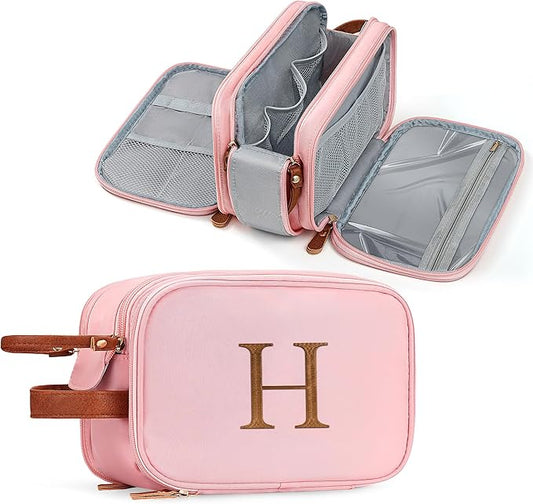 YOOLIFE Toiletry Bags for Traveling Women - Travel Toiletry Bag Initial Makeup Bag, Portable Toiletries Cosmetic Bag, Airplane Travel Essentials Letter H Pink