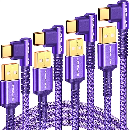 MRGLAS 3.2A USB C Charger Cable, [4-Pack,10+6.6+3.3+1.6FT] USB A to USB C Right Angle Gold-Plated Type C Charger Fast Charge Durable Braided Cord for iPhone 17 16 15 Samsung S10 Note 10 S21 LG-Purple