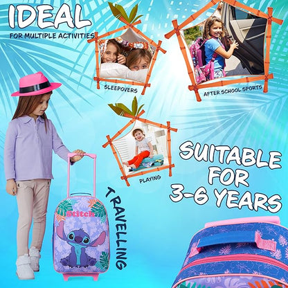 Disney Kids Rolling Luggage 16×11 in, 16‑L Carry‑On Suitcase with Wheels, Foldable Lightweight Travel Bag, Gifts for Kids (Blue Stitch)