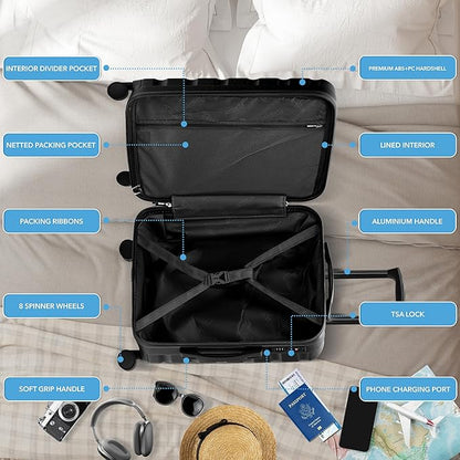 Flight Knight Carry On Suitcase Hardside Built In TSA Lock & USB Port Silent Double Spinner Wheels Maximum Overhead Carry-On Bag For Virgin & South West Approved Airlines( 24x16x10" ,Black )