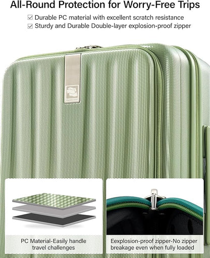 Hanke 20 Inch Expandable Carry On Luggage Airline Approved Top Opening Hard Shell Suitcases with Wheels Lightweight Travel Luggage Carry On Suitcase for Woman Men-Bamboo Green