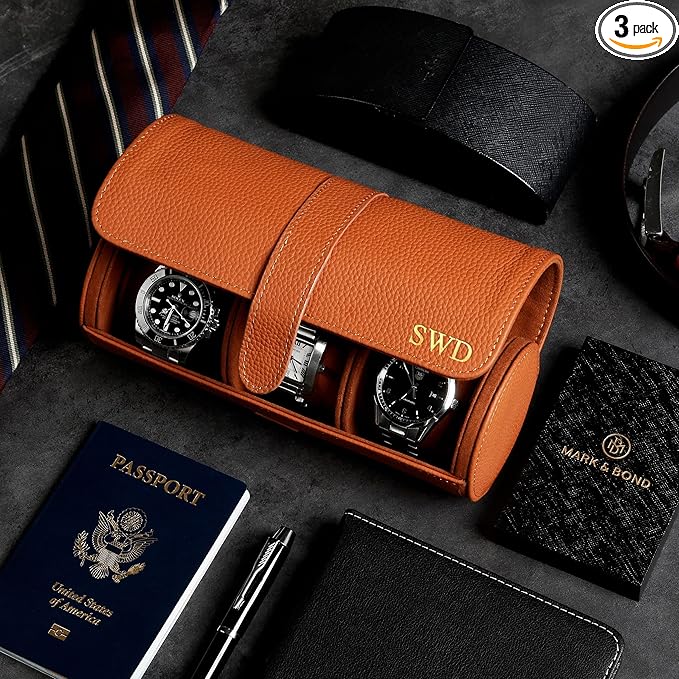 HomeWetBar Durham Custom Leather Jewelry, Bracelet & Watch Roll for Travel - Personalized Leather Case for 3 Watches & Accessories