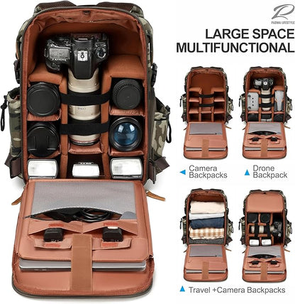 Padwa Lifestyle Camouflage Camera Backpack - Professional DSLR & UAV Camera Bag,Anti Theft Canvas Camera Backpack with Rain Cover,Large Capacity Photography Travel Camera Bag with Multi Compartments