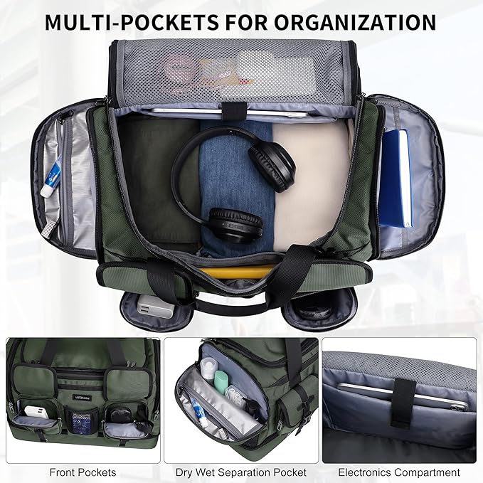 WITZMAN Duffle Bag for Men Large Carry On Travel Mens Weekender Overnight Bags with Shoes Compartment for Sports Gym(B723 Army Green)