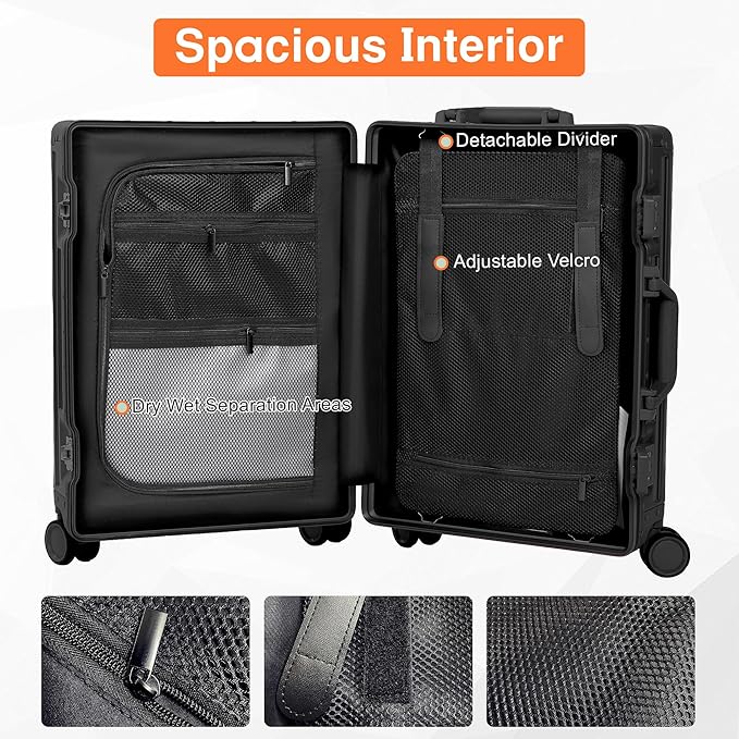 All Aluminum 24 Inch Check In Luggage Hard Shell Suitcases with Spinner Wheels and TSA Lock, Checked Medium Suitcase (Black)