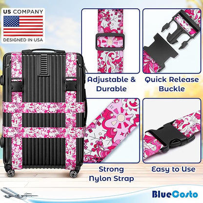 Luggage Straps for Suitcases - TSA Approved - Pink Geometric, 4 PK - Premium Belts for Suitcase, Briefcase & Travel Bag - Adjustable Strap Length 41" - 78"