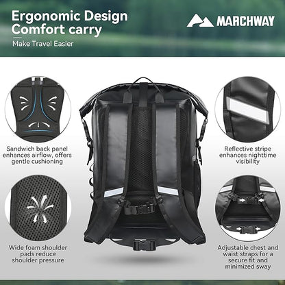 MARCHWAY Roll Top Waterproof Backpack, Floating Dry Bag 20L/30L/45L with Ergonomic Rectangular Base, Cushioned Back, Hip Strap for Hiking Camping Kayaking Travel (Black, 30L)