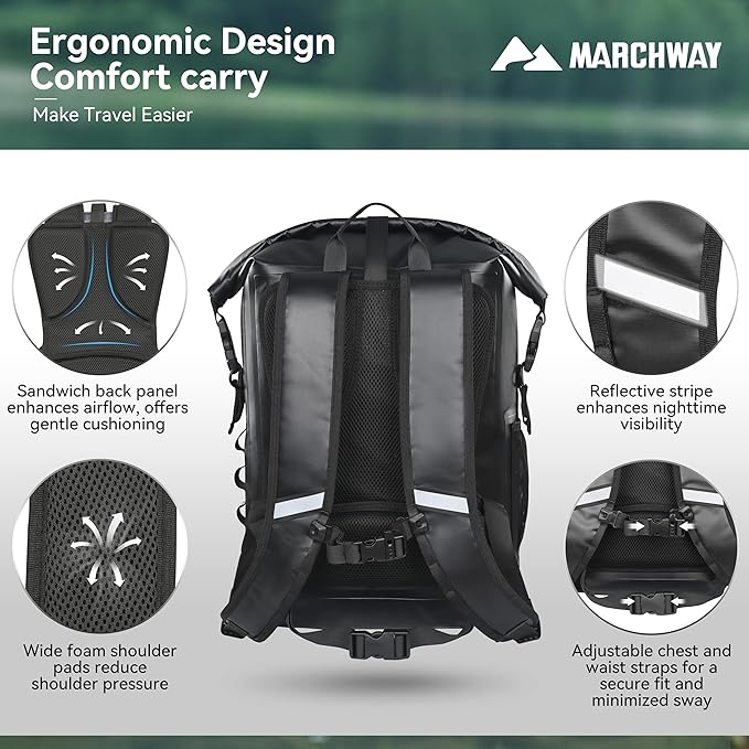 MARCHWAY Roll Top Waterproof Backpack, Floating Dry Bag 20L/30L/45L with Ergonomic Rectangular Base, Cushioned Back, Hip Strap for Hiking Camping Kayaking Travel (Black, 45L)