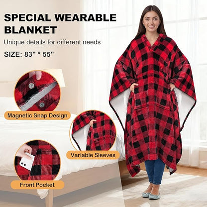 Catalonia Sherpa Wearable Blanket Poncho for Adult Women Men, Wrap Blanket Cape with Pocket, Warm, Soft, Cozy, Snuggly, Comfort Gift, No Sleeves, Plaid Buffalo Christmas