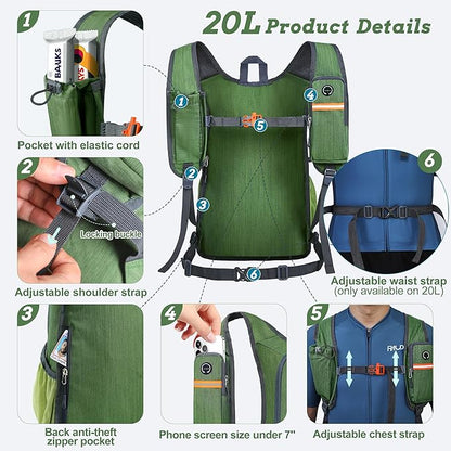 20L Small Hiking Backpack for Men Women Foldable Packable Back Pack Ultralight Hiking Daypack for Travel Camping Outdoor, Olive Green