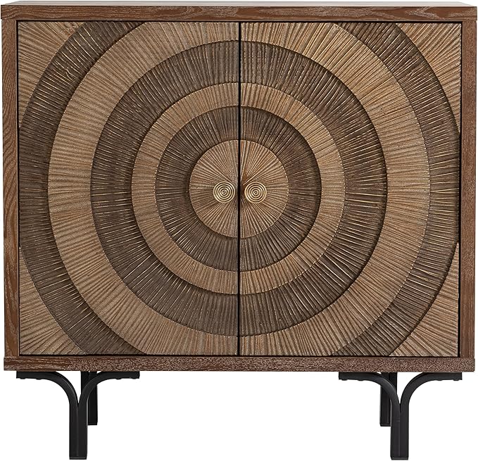 Farmhouse 2-Door Storage Cabinet, Accent Wooden Storage Cabinet with Circle Pattern and Radioactive Wood Lines, for Living Room, Dining Room, Bedroom, Natural Wood Color