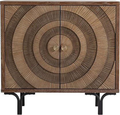 Farmhouse 2-Door Storage Cabinet, Accent Wooden Storage Cabinet with Circle Pattern and Radioactive Wood Lines, for Living Room, Dining Room, Bedroom, Natural Wood Color