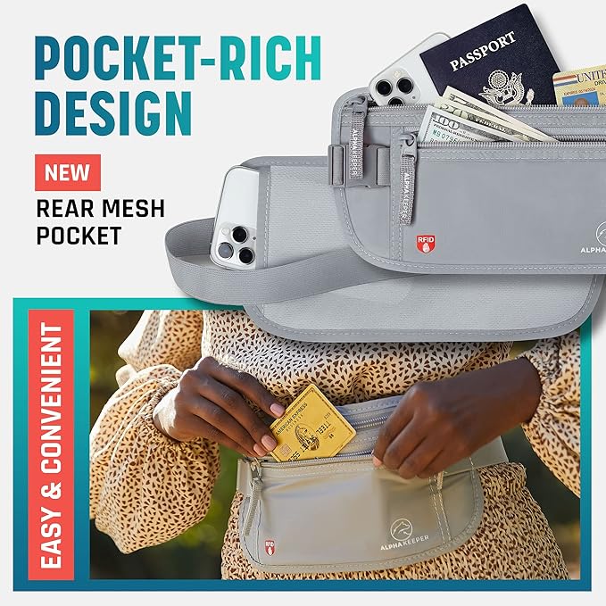 Alpha Keeper Hidden Travel Money Belt - RFID Blocking Waist Wallet & Passport Holder for Women and Men, Anti-Theft Slim Security Pouch