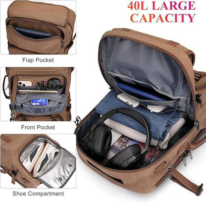 WITZMAN Travel Backpack for Men 40L Large Carry-on Airline Approved Convertible 3 in 1 laptop Bags Fit 17 inch(A8013 Brown)